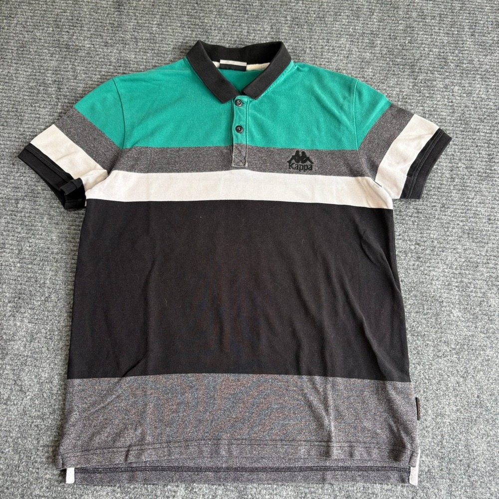 Kappa Mens Polo Shirt Medium Green Black Grey Striped Colorblock Short Sleeve